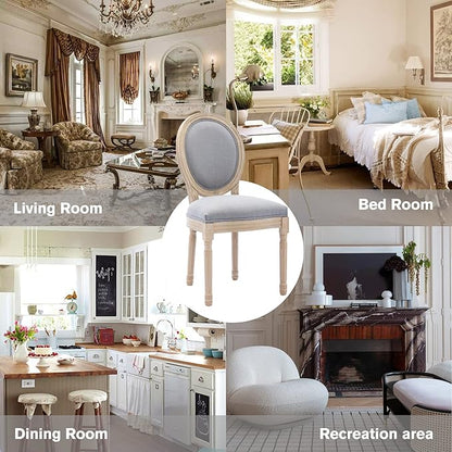 Nrizc French Country Dining Chairs Set of 2, Farmhouse Dining Chairs, Vintage Dining Chair with Round Back, Mid Century Dining Chair, Wood Grey Fabric Chair, for Kitchen, Bedroom, Restaurant