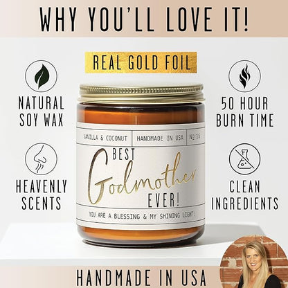 Godmother Gift - 'Best Godmother Ever!' Candle, w/Coconut & Vanilla - Godmother Gifts from Godchild I Godmother Proposal Gift I God Mother Gifts for Women I God Mom I 50Hr Burn, USA Made