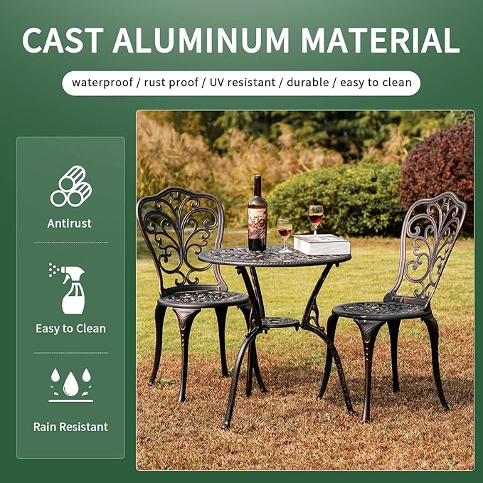 3 Piece Patio Set Outdoor Bistro Set,Cast Aluminum Bistro Table and Chairs Set of 2 with Umbrella Hole,All Weather Patio Bistro Sets for Front Porch Set Garden,Backyard(Brown)