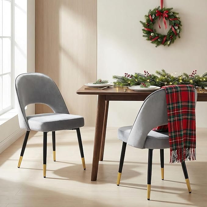 LukeAlon Classic Velvet Dining Chairs Set of 4, Upholstered Open Back Kitchen Chairs with Metal Legs Armless Side Chairs Mid Century Dining Chair for Dining Room, Grey