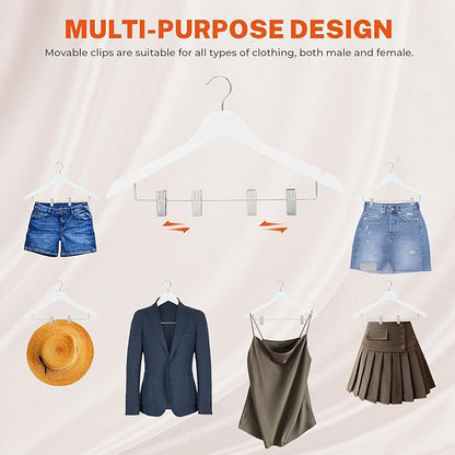 HOUSE DAY Wooden Hangers with Clips 12 Pack, Heavy Duty White Wood Pants Hanger, Premium Skirt Hanger with Adjustable Clips, Solid Clip Hangers for Suit, Blouse, Dress, Coat, Jacket, Bottom