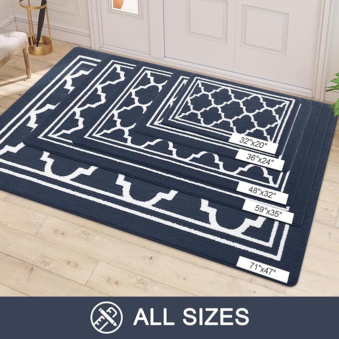 Buganda Long Indoor Door Mat, Dirt-Resistant and Absorbent Doormat, Anti-Slip, Low Profile Floor Mats for Inside Entryway, Front, and Back Door Entrance (59x20 Inches, Navy Blue)