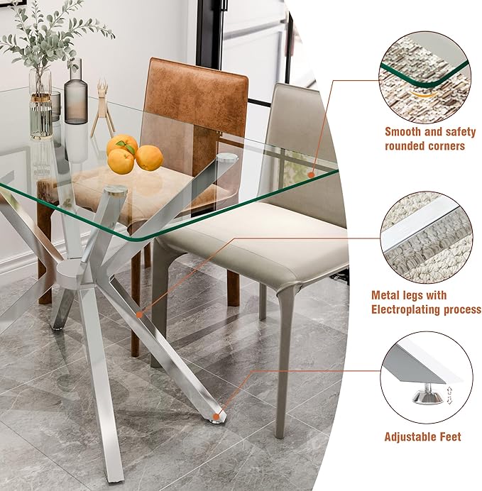 47" Tempered Glass Dining Table for 4, Modern Kitchen Table Rectangle Top, Geometric Metal Leg, for Apartment Dining Room Restaurant (Silver)