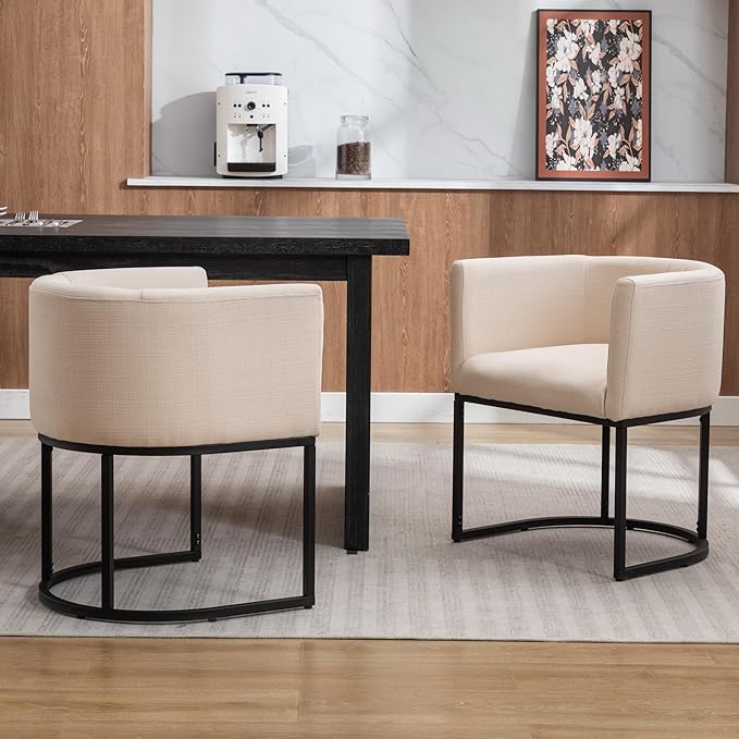 Linen Fabric Dining Chairs Set of 2 - Modern Barrel Arm Chair With Black Frame, Upholstered Kitchen Seat 18.5" Wide for Living Room, Restaurant, Cream