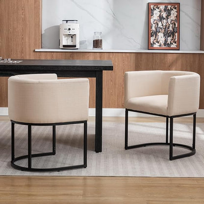 Linen Fabric Dining Chairs Set of 2 - Modern Barrel Arm Chair With Black Frame, Upholstered Kitchen Seat 18.5" Wide for Living Room, Restaurant, Cream