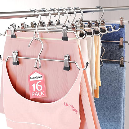 Pants Hangers Space Saving,Stackable Skirt Hangers with Clips, Hanging Closet Organizer and Storage,Clothes Hangers, College Dorm Essentials Apartment Essentials- 16 Pack