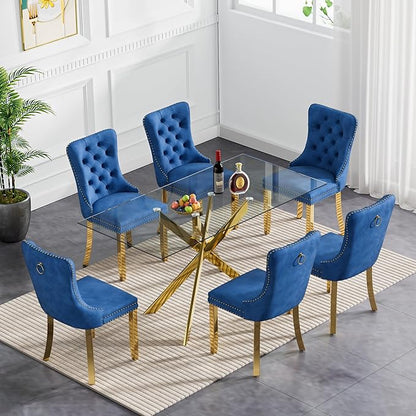 Goujxcy Glass Dining Table Set for 6, Modern Kitchen Table and Chairs Set of 6, 7-Piece Kitchen Dining Room Table Set w/51 Glass Gold Dining Table and 6 Blue Velvet Upholstered Chairs