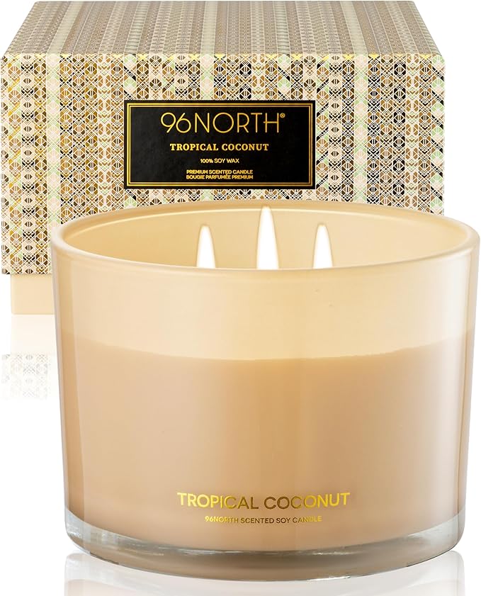 96NORTH Luxury Coconut Soy Candle | Large 3 Wick Jar Candle | Up to 50 Hours Burning Time | Tropical Beach Scented Candles for Home | 100% Natural Soy Wax | Housewarming Gift for Women and Men