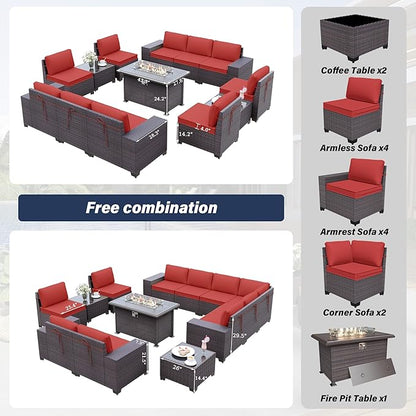 Kurapika 13 Pieces Patio Furniture Set, Rattan Wicker Outdoor Conversation Sets w/43in Propane Fire Pit Table(Red)