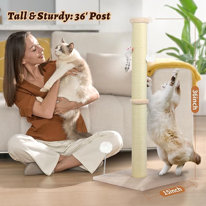 36 Inch Tall Cat Scratching Post – Sisal Cat Scratcher for Indoor Cats, Large Vertical Scratch Post, Sturdy Cat Scratch Pole Tower, Modern Cat Furniture for Kittens & Adults (Beige)