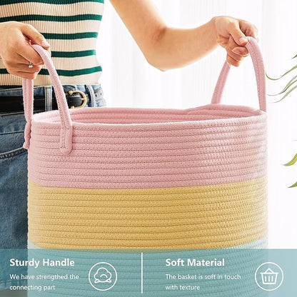 62L Hamper Laundry Basket for Baby Girls Kids Rainbow Nursery Hamper for Clothes Pastel Unicorn Woven Rope Blanket Basket for Toy in Playroom Bedroom Large