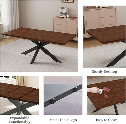 5-Piece Dining Table Set with 51"-67" Extendable Walnut Wood Table and 4 Brown PU Leather Chairs, Modern Rectangular Kitchen Table Set with Metal Legs, Space Saving Dining Room Furniture for 4