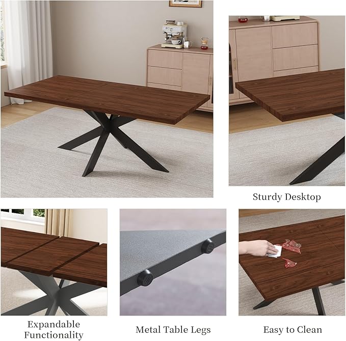 ZckyCine Modern 7-Piece Dining Table Set, 51''-67'' Extendable Walnut Wood Rectangular Table with Metal Legs and 6 PU Leather Chairs, Kitchen & Dining Room Furniture for 6, Easy Assembly