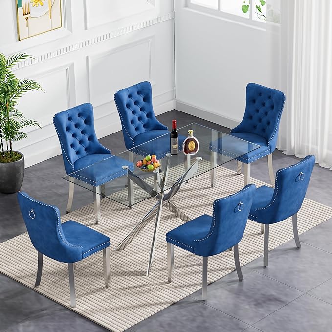 Goujxcy Glass Dining Table Set for 6, Modern Kitchen Table and Chairs Set of 6, 7-Piece Kitchen Dining Room Table Set w/61 Glass Silver Dining Table and 6 Blue Velvet Upholstered Chairs