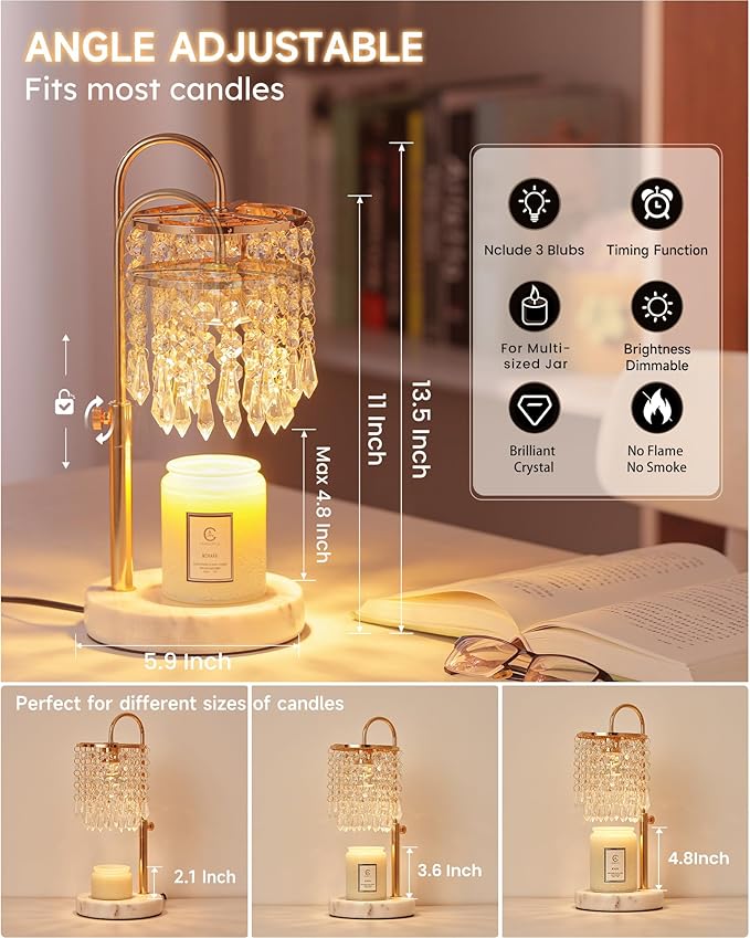 Candle Warmer Lamp with Timer Dimmer and 3 Bulbs, Candle Lamp Warmer with Marble Base for Adjustable Height, Crystal Candle Lamp for Jar Candles, House Warming Gifts Home Room Decor, French Gold