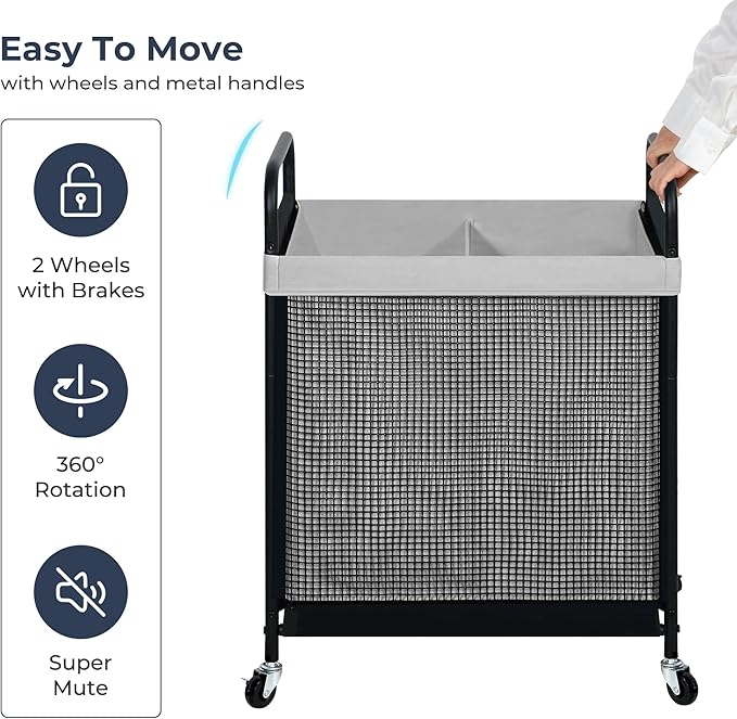 STO STO Laundry Hamper 2 Section, 100L Rolling Laundry Sorter Cart with Removable and Washable Liner Bag, Rolling Clothes Hamper with Metal Handle for Laundry Room and Bedroom, Gray