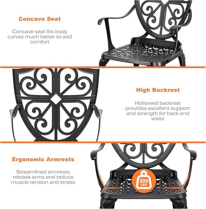 NUU GARDEN 3-Piece Outdoor Bistro Set, Round 24 Inch Cast Aluminum Bistro Table with 2.17" Umbrella Hole and 2 Cast Aluminum Bistro Chairs, for Patio, Garden, Backyard and Balcony, Black
