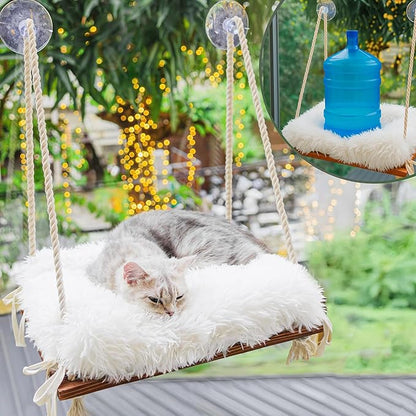 Cat Window Perch - Hammock Bed for Cats Inside - Solid Wood Seat, 4 Strong Suction Cups, Soft Cushion - Rustic Indoor Pet Shelf