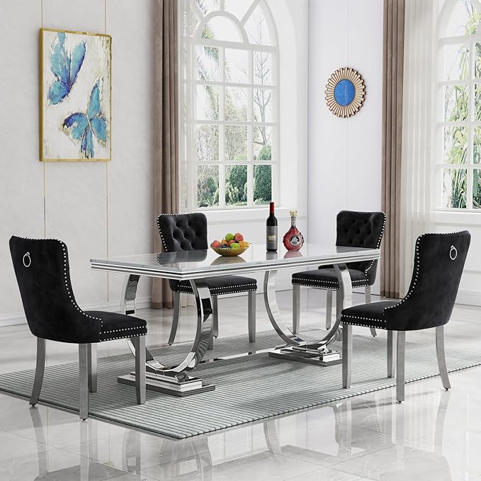 Goujxcy 5 Piece Marble Dining Table Set for 4, Luxury 70" White Marble Silver Kitchen Table with 4 Black Velvet Upholstered Chairs, Modern 4 Person Dining Room Table Set for Kicken Dining Office Room