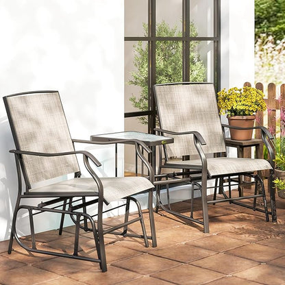 Outsunny Outdoor Glider Chairs with Coffee Table, Patio 2-Seat Rocking Chair Swing Loveseat with Breathable Sling for Backyard, Garden, and Porch, Light Brown
