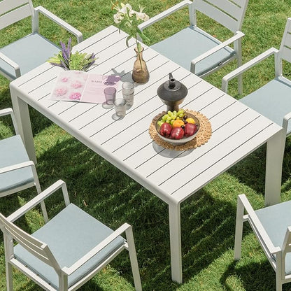 Outdoor Dining Table for 6, 60"x35" Patio Rectangular Dining Tables Powder-Coated Aluminum Table Top Heavy Duty Patio Furniture for Garden,White Frame