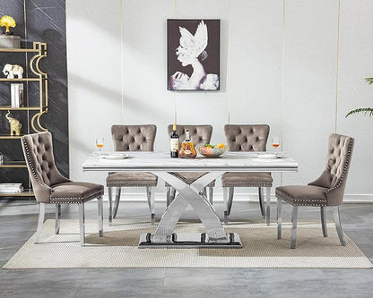 Modern White Marble Dining Table Set for 6,7-Piece Kitchen Table and Chairs for 6,Luxury Silver Dining Room Table Set w/68" Rectangle Dinner Table & 6 Grey Velvet Chairs for Kitchen Dining Room