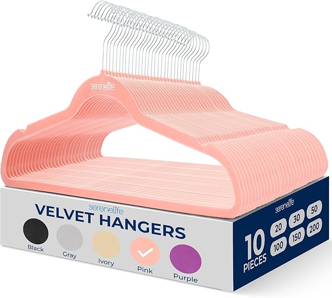 SereneLife 10 Pack Velvet Hangers - Non-Slip with 360° Swivel Hook - Ultra-Thin, Lightweight Velvet Hangers for Shirts, Sweaters, Hoodies, Kids Clothes & Dresses - Space-Saving (Pink)
