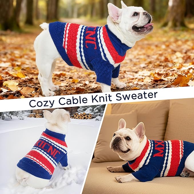 Dog Sweater for Small Medium Dogs & Cats, Classic Turtleneck Knitted Striped Pet Sweater, Warm Winter Soft Christmas Outfit for Boy & Girl Dogs, Large