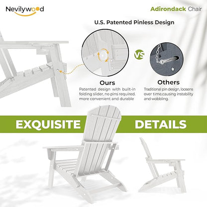 nevilywood Folding Adirondack Chair with Cup Holder Set of 4, HDPE Patio Chairs,All-Weather Outdoor Chairs for Backyard, Deck,Fire Pit-White