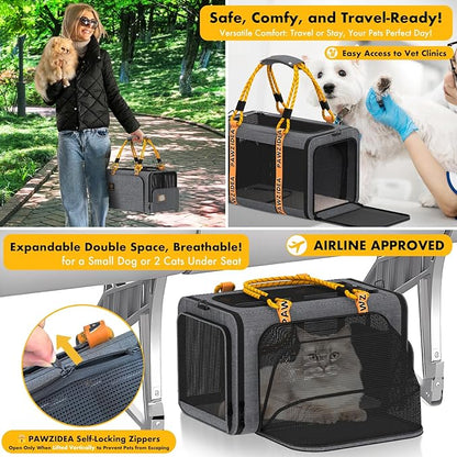PAWZIDEA Expandable Pet Carrier with Wheels, 18"X11"X11" TSA-Approved Cat Carrier for 2 Cats Under Seat, Soft-Sided Top Load Dog Carrier for Small Dogs Rolling Travel Bag w/Telescopic Handle, ID Card