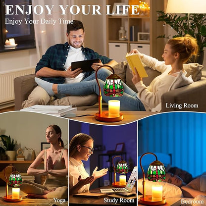 Tiffany Style Candle Warmer Lamp with Timer, Dimmable Dragonfly Stained Glass Candle Lamp Warmer, Vintage Candle Light for Scented Candles with 2 Bulbs for Home Deco Birthday Gifts for Mom Women