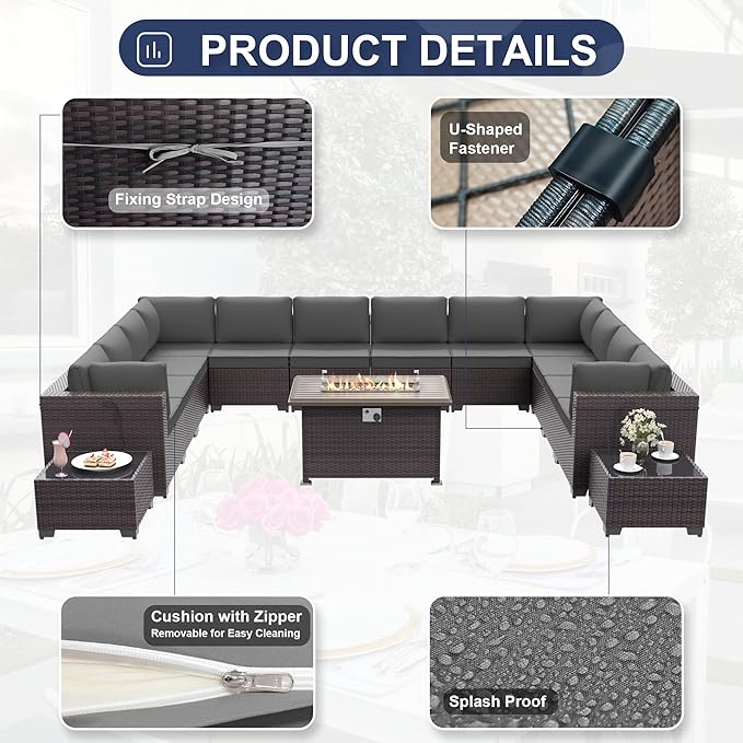 Kurapika 15 Pieces Patio Furniture Set, Rattan Wicker Outdoor Conversation Sets w/43in Propane Fire Pit Table and 4 Inch Cushion(Grey)