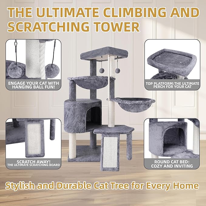 Xin Three Layer Cat Tree with Cat Condo and Two Hammocks,Grey