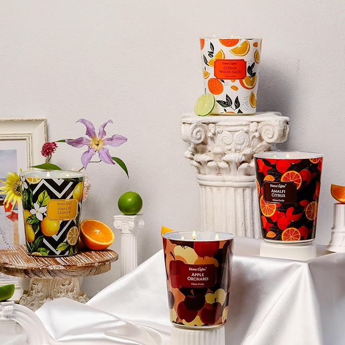 HomeLights 3-Wick Candles for Home Scented - 34oz Soy Wax Blend Candle Long-Lasting Fragrance, Eclectic Mixed Styles Home Decor and Housewarming Gifts, Amalfi Citrus