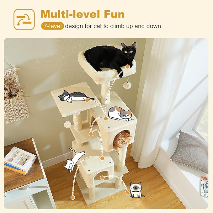 62" Cat Tree for Indoor Cats, Multi-Level Cat Tower with 2 Spacious Condos, Dual Top Perches, Scratching Pad, 4 Scratching Posts, 2 Pompoms, Beige