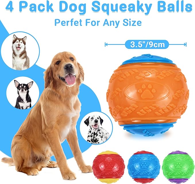3.5in Squeaky Dog Balls Toys for Training, Dog Toys to Keep Them Busy, High Bouncy Balls for Interactive Playing, Great for Puppy Pet Teething and Chew 4Pcs