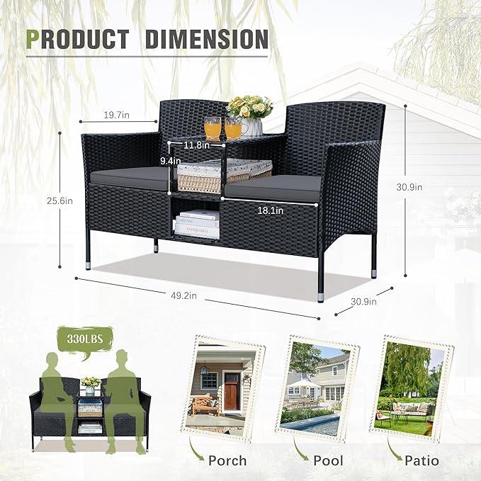 Greesum Patio Loveseat Outdoor Wicker Furniture Conversation Set with Soft Cushions & Built-in Coffee Table for Lawn Garden Backyard, Gray