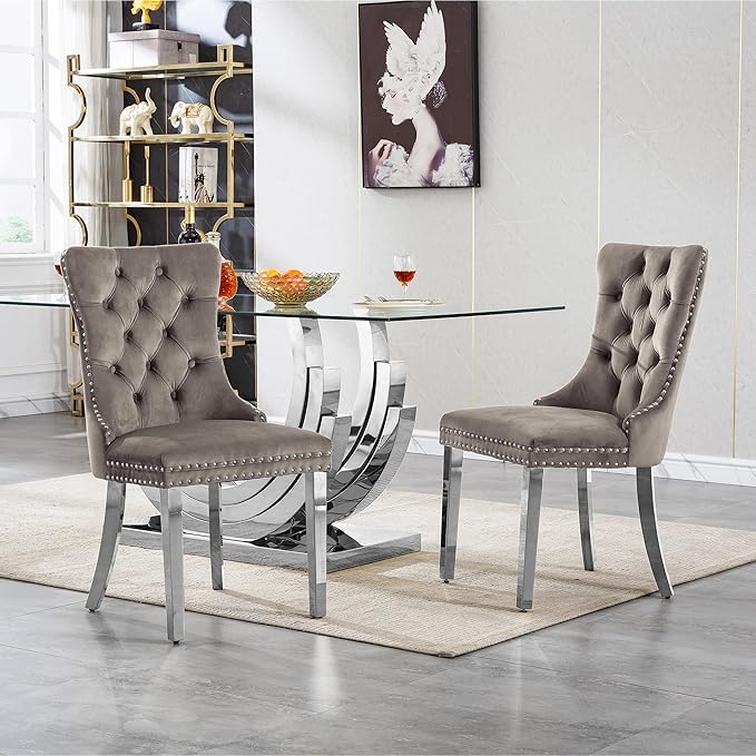 7 Piece Dining Table Set with 6 Grey Dining Chairs, Modern Glass Kitchen Table and Chairs Set for 6, 70" Rectangle Silver Glass Pedestal Dining Room Tables with Ring-Shape Stainless Steel Base