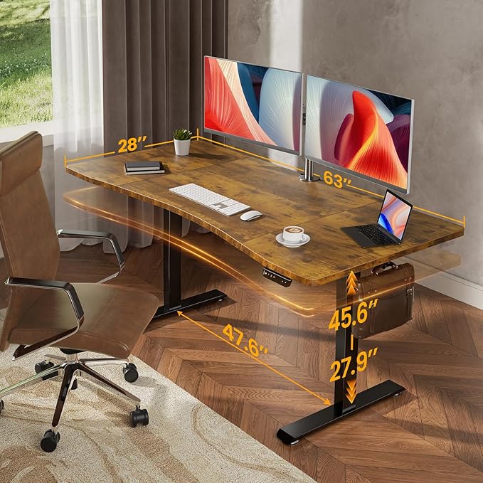 Veken 63 x 28 Inch Electric Standing Desk, Sit to Stand Up, Work Home Office Computer Table for Study, Walking Pad, Writing, and Games, Wooden Desktop Desks, Brown