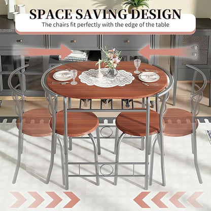 VECELO 3-Piece Dining Table Set for Kitchen Breakfast Nook, Wood Grain Oval Tabletop and Metal Frame with Built-in Wine Rack, for Small Spaces, Brown & Silver