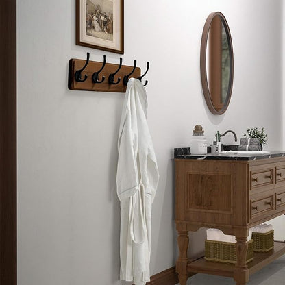 Dseap Wall Mounted Coat Rack: Patented, Heavy-Duty, 17.4" Long 5-Double-Hooks Wooden Hanger Rail for Winter Coats, Hat, Jacket, Clothing - Natural & Black