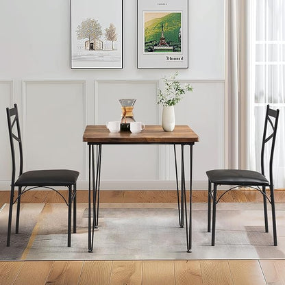VECELO 3-Piece Dining Table Set for Home Kitchen Small Space Breakfast Nook, 2 Faux Leather Metal Frame Chairs,Brown,Set for 2