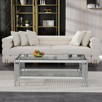Goujxcy Modern Glass Coffee Table 47" Silver Center Table with Tempered Glass Top and Mirror Finish Stainless Steel Legs, Luxury Rectangular Coffee Table for Living Room Apartment (Silver)