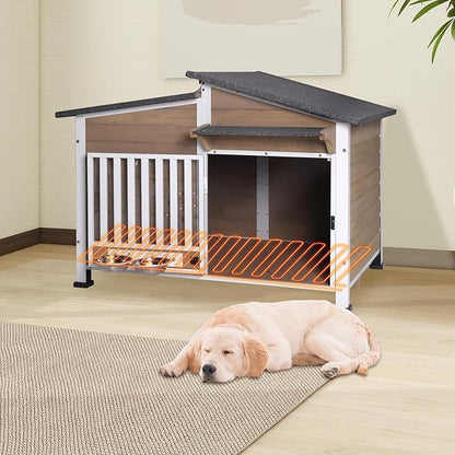 Chew-Resistant Dog House with Metal Frame, Wooden Kennel for Indoor & Outdoor Use, Waterproof Roof & Feeding Bowls Included (Brown, L-in)
