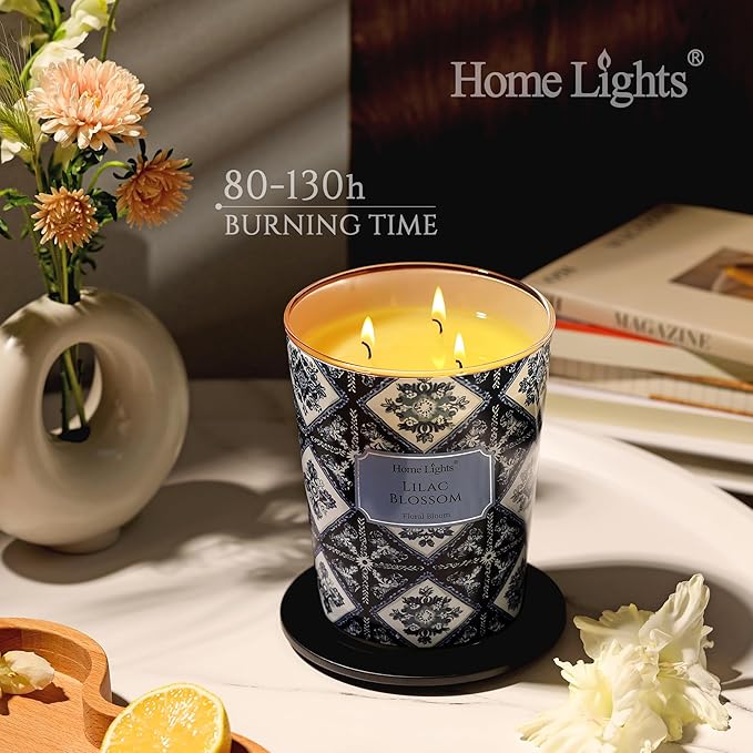 HomeLights Lilac Blossom Scented Candles | 34oz Soy Candles Bohemian Natural Textures 3-Wick Large Candle Jars | Ideal Candle Gifts for Events, Home Decor Stress, Relief & Relaxation