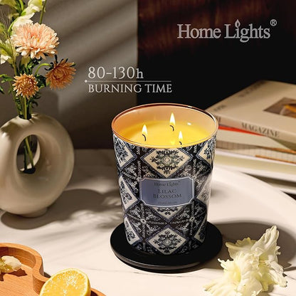 HomeLights Lilac Blossom Scented Candles | 34oz Soy Candles Bohemian Natural Textures 3-Wick Large Candle Jars | Ideal Candle Gifts for Events, Home Decor Stress, Relief & Relaxation