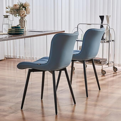 YOUNUOKE Mid-Century Modern Dining Chairs Set of 2, Blue PU Leather Upholstered Kitchen Chairs with Black Metal Legs, Armless Accent Chair for Dining Room, Guest Reception Room