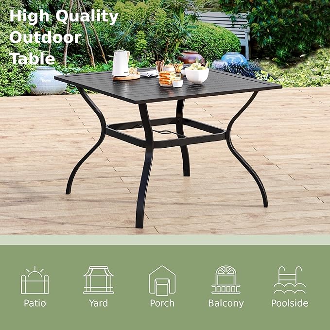 PHI VILLA 37" Metal Steel Slat Patio Dining Table Square Backyard Bistro Table Outdoor Furniture Garden Table, 1.57” Umbrella Hole, Black