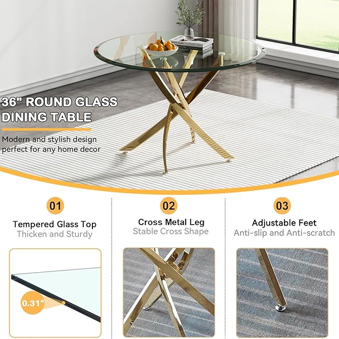 Goujxcy 3 Pieces Round Dining Table Set for 2, Modern Gold Glass Kitchen Table and Chairs for 2 with Upholstered Chairs, Circle Coffee Dining Table Set for Small Space,Apartment,Office