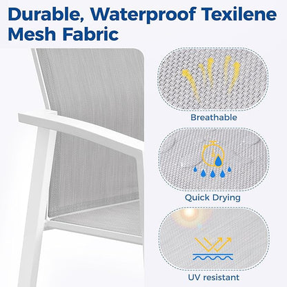 5 Piece Aluminum Outdoor Patio Dining Sets with Fully Assembled Dining Chair，91.3"L×39.4"W Expandable Patio Table and Chairs Set for 4, Stackable Chairs with Quick Drying Fabric, White